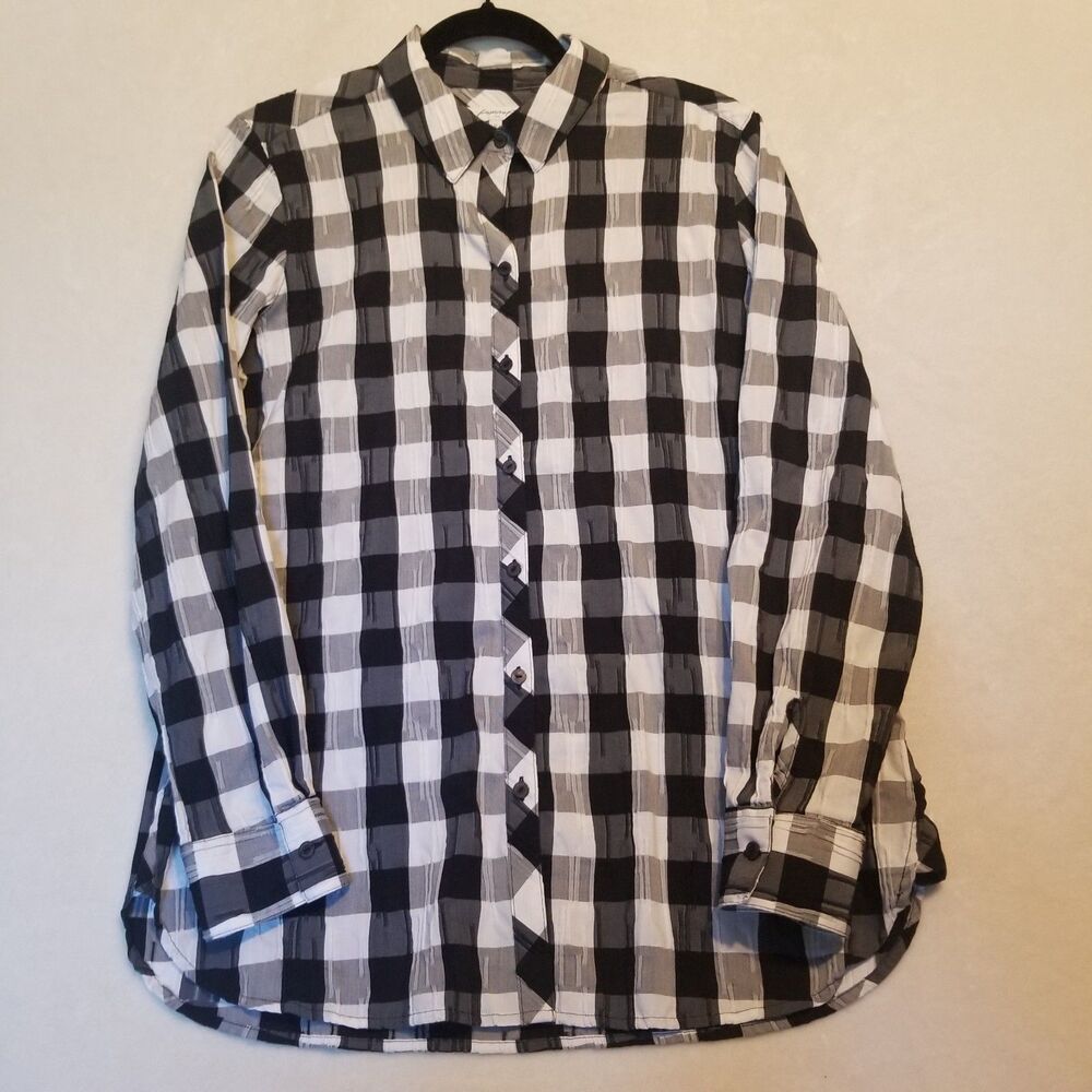 Foxcroft 12 Top Germaine Buffalo Plaid Black and White Button Front Prppy Office